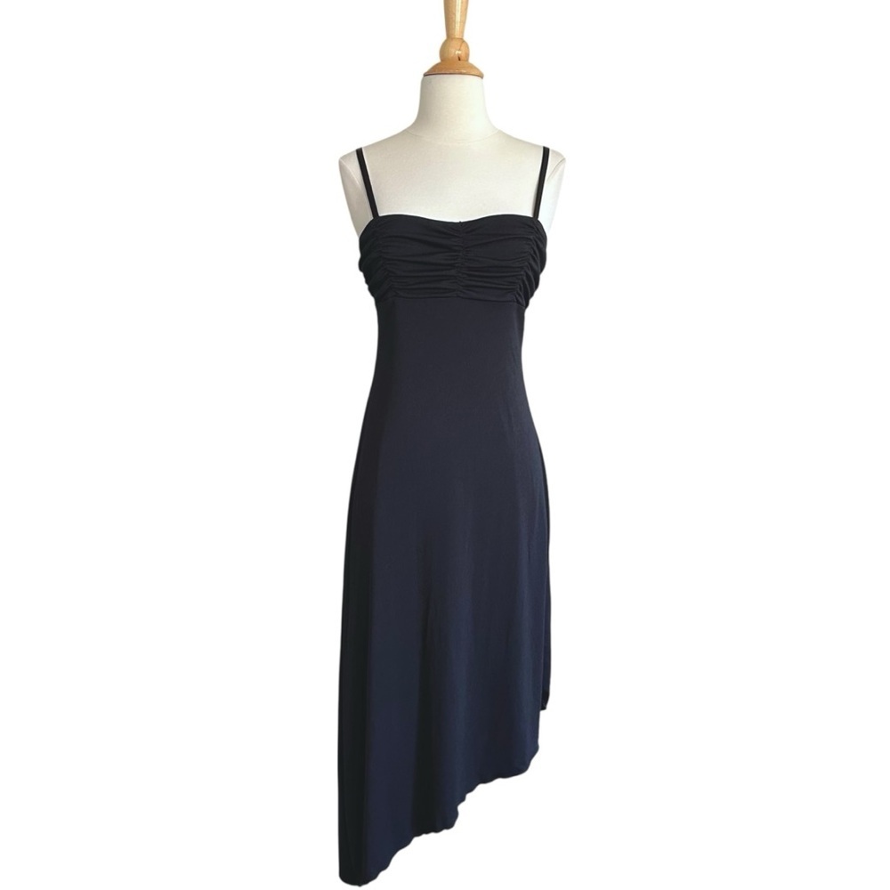 Vintage 90s Y2K La Belle Black Ruched Bust Asymmetrical Hem Slip Dress Size S